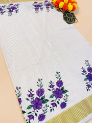 SU 569-Purple Floral Kerala Kasavu Saree with Golden Border
