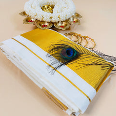 Ready to wear Cotton Traditional Kerala Kasavu Saree with Golden Zari Border SU 577
