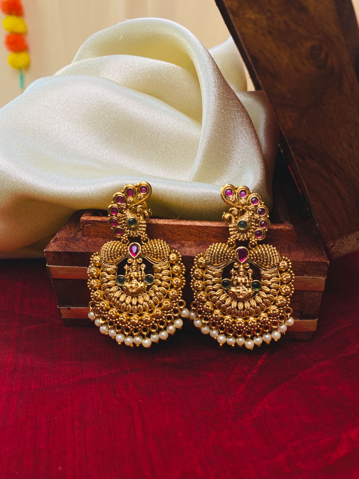 Antique Temple Jhumka Earrings with Peacock & Pearl Detailing