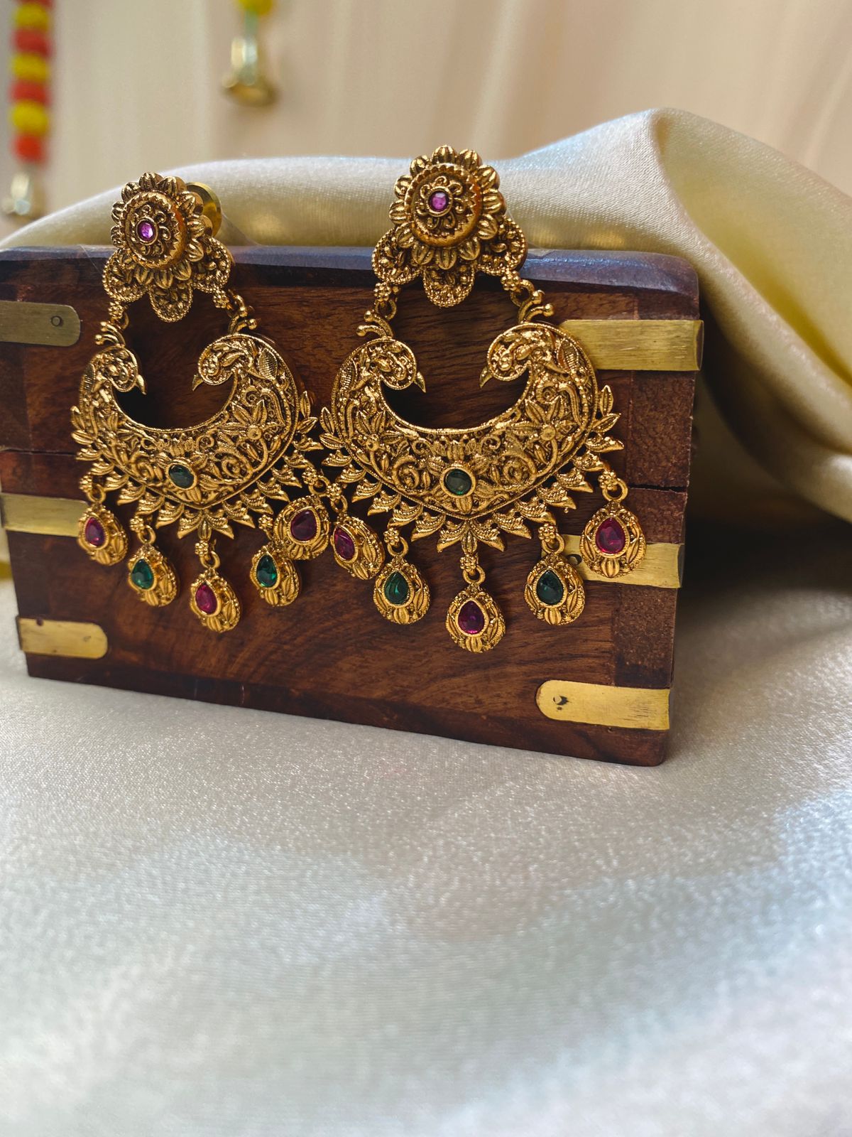 Antique Peacock Chandbali Earrings with Multicolor Stone Drops