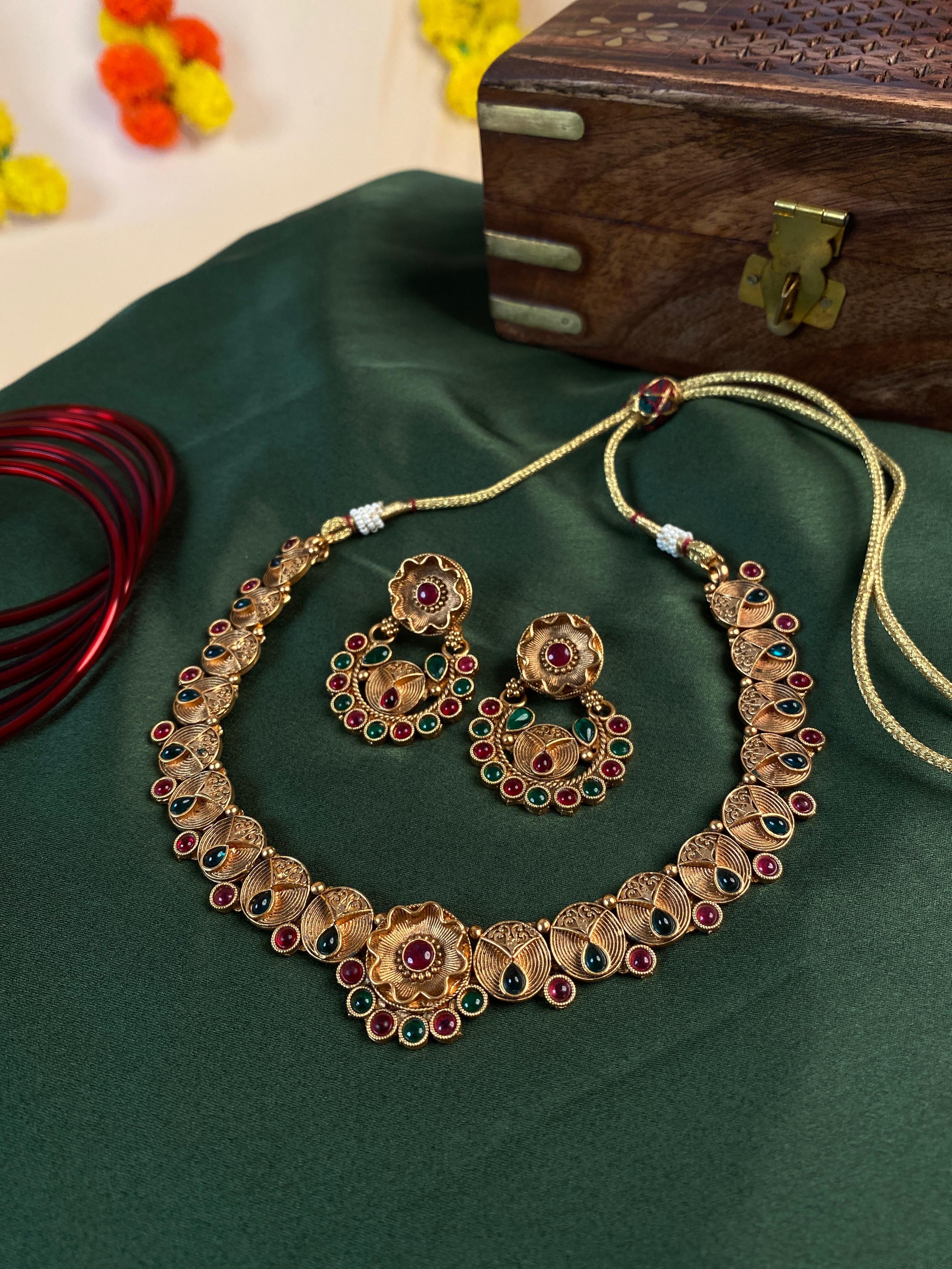 Antique Peacock Leaf Choker Set with Ruby & Emerald Stones