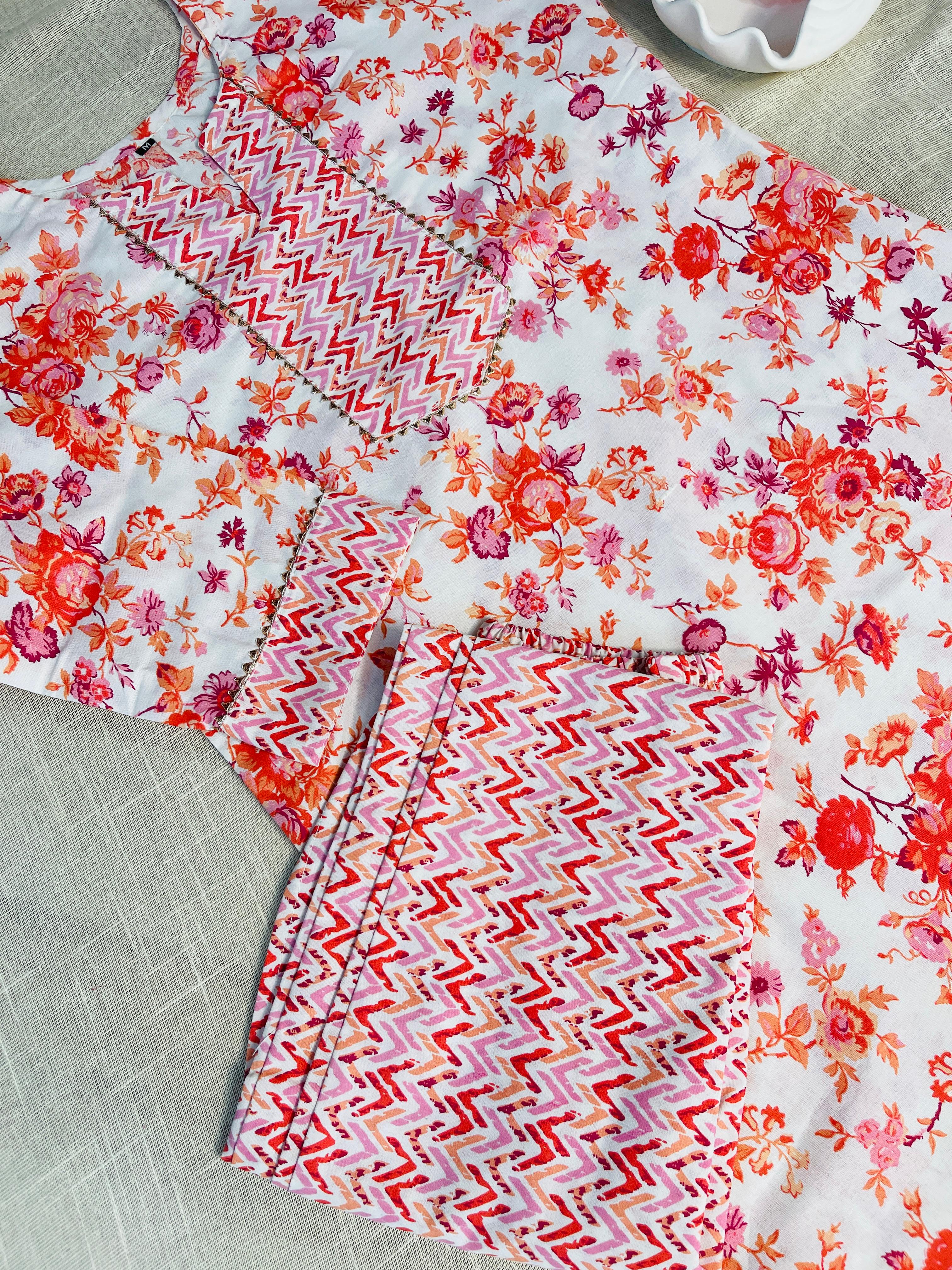 White kurti with floral print & Pants