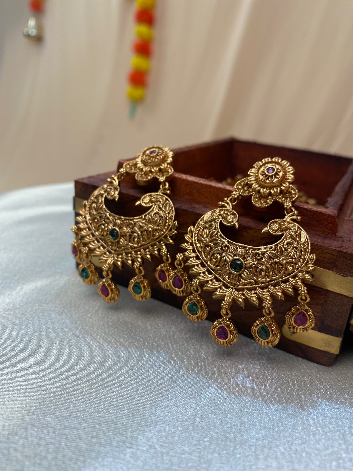Antique Peacock Chandbali Earrings with Multicolor Stone Drops