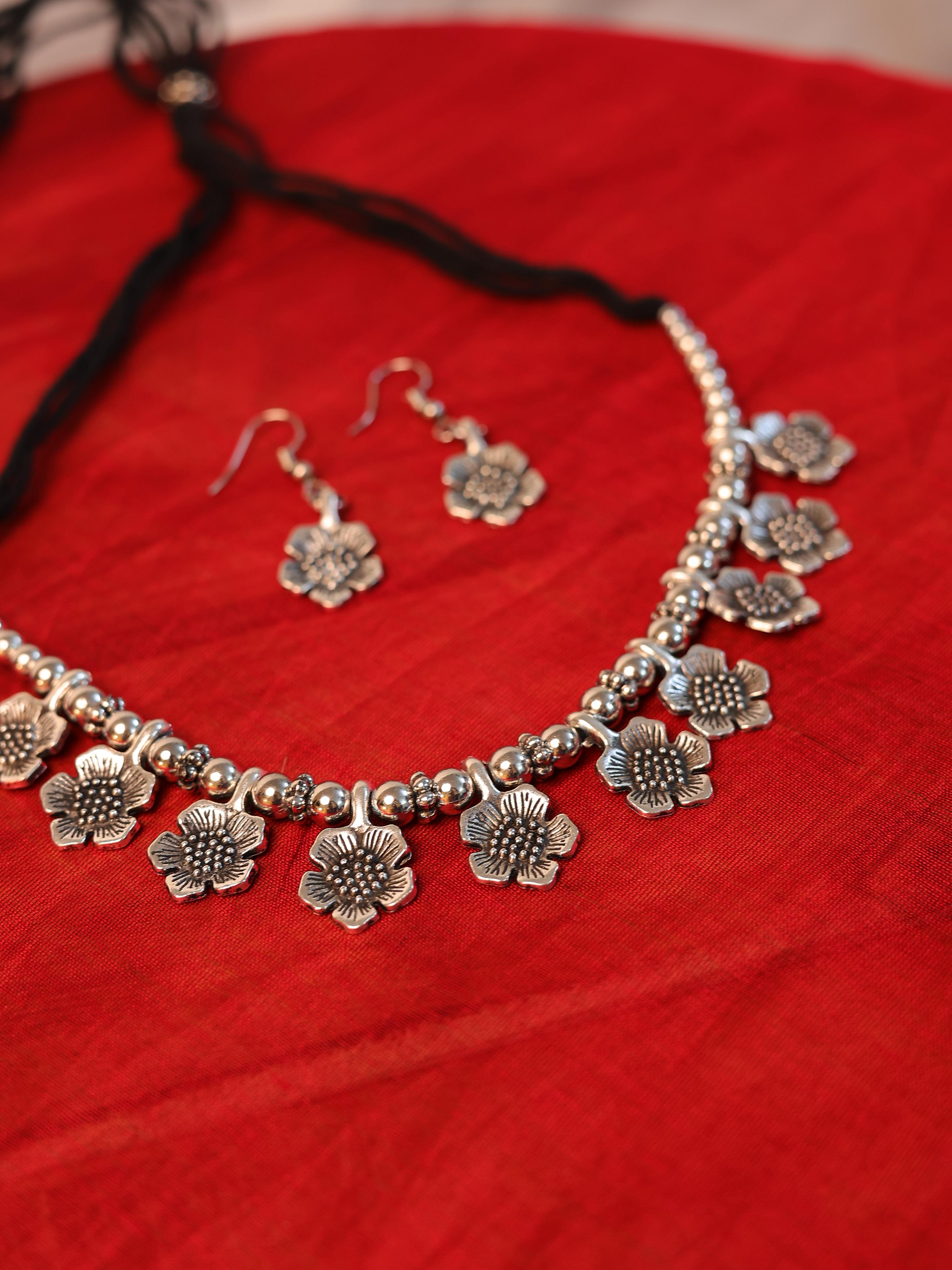 Oxidized Silver Floral Choker Necklace Set with Earrings