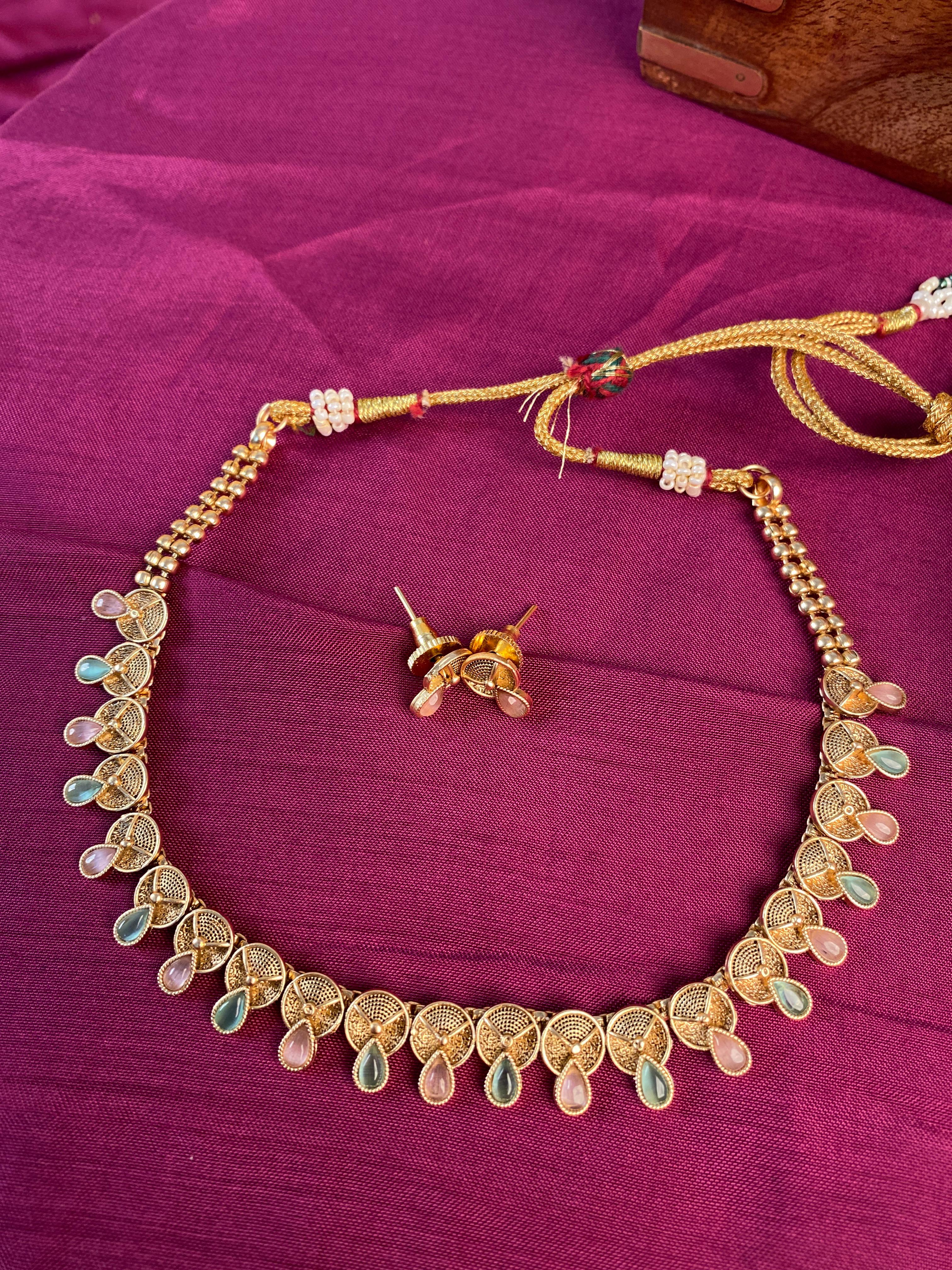 Traditional Necklace & Earring Set with Multi-Colored Stones
