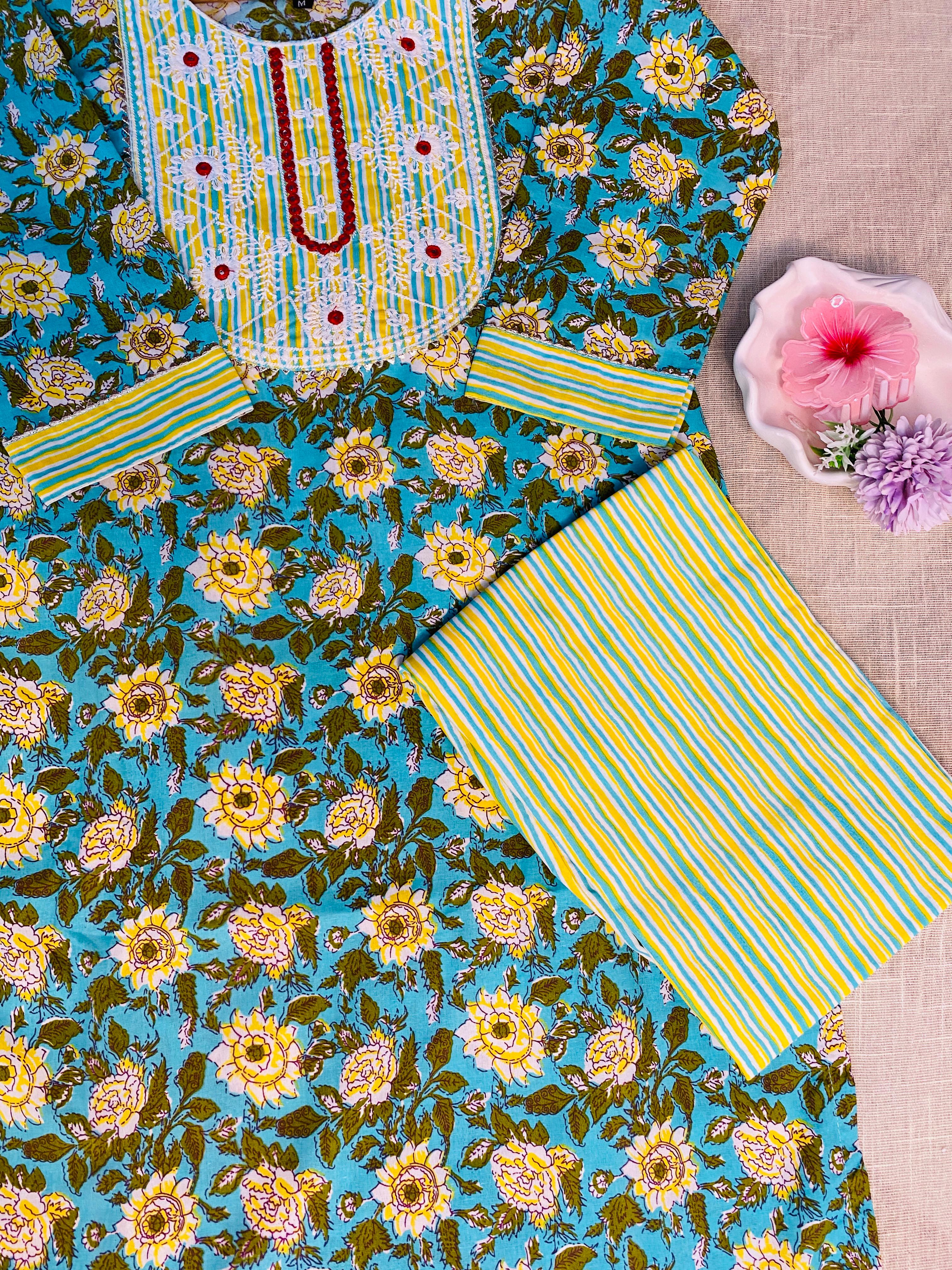 Light Green kurthi top with front red thread works & pants