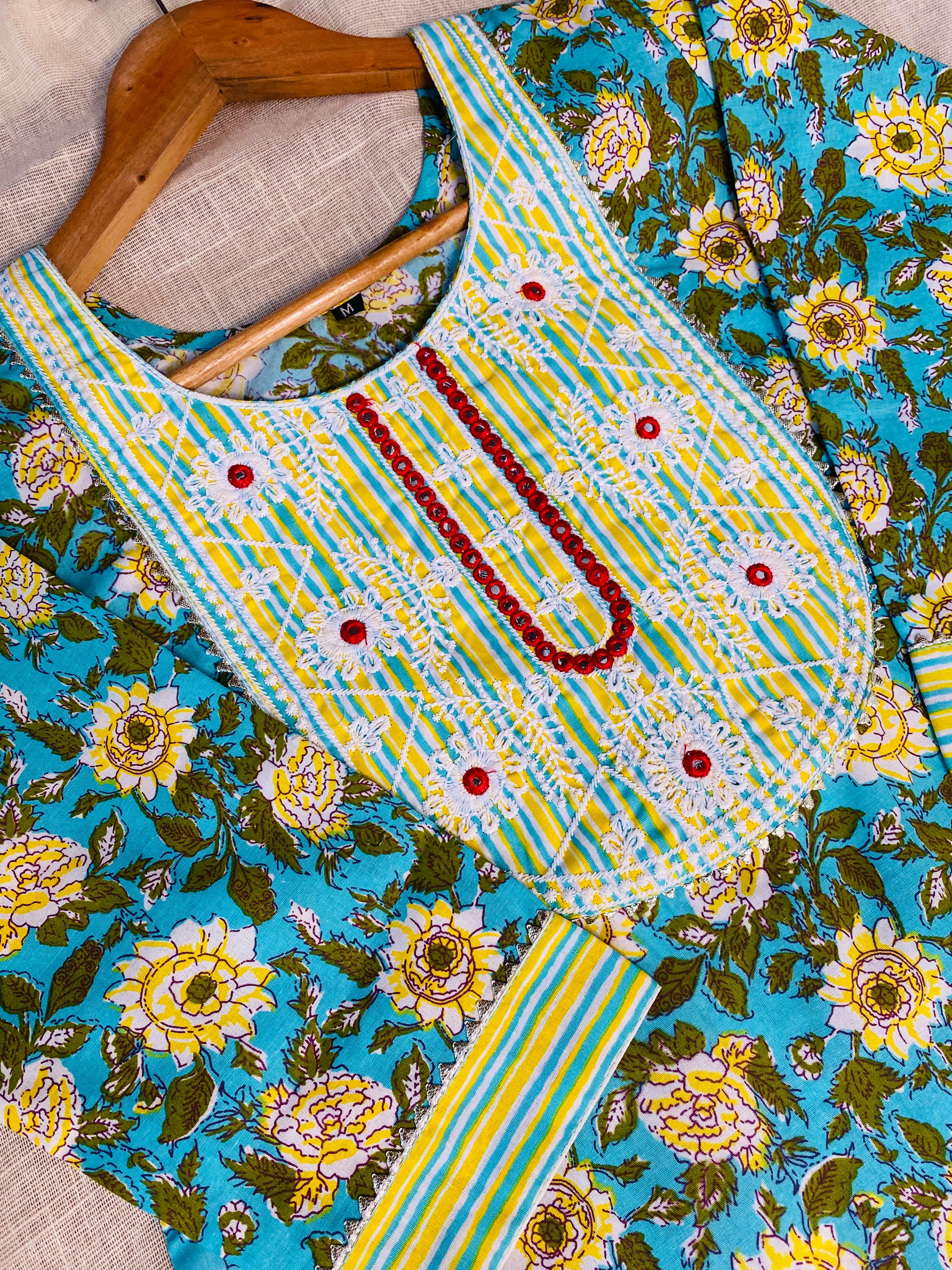 Light Green kurthi top with front red thread works & pants