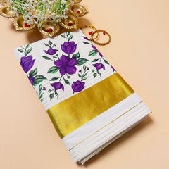 SU 569-Purple Floral Kerala Kasavu Saree with Golden Border