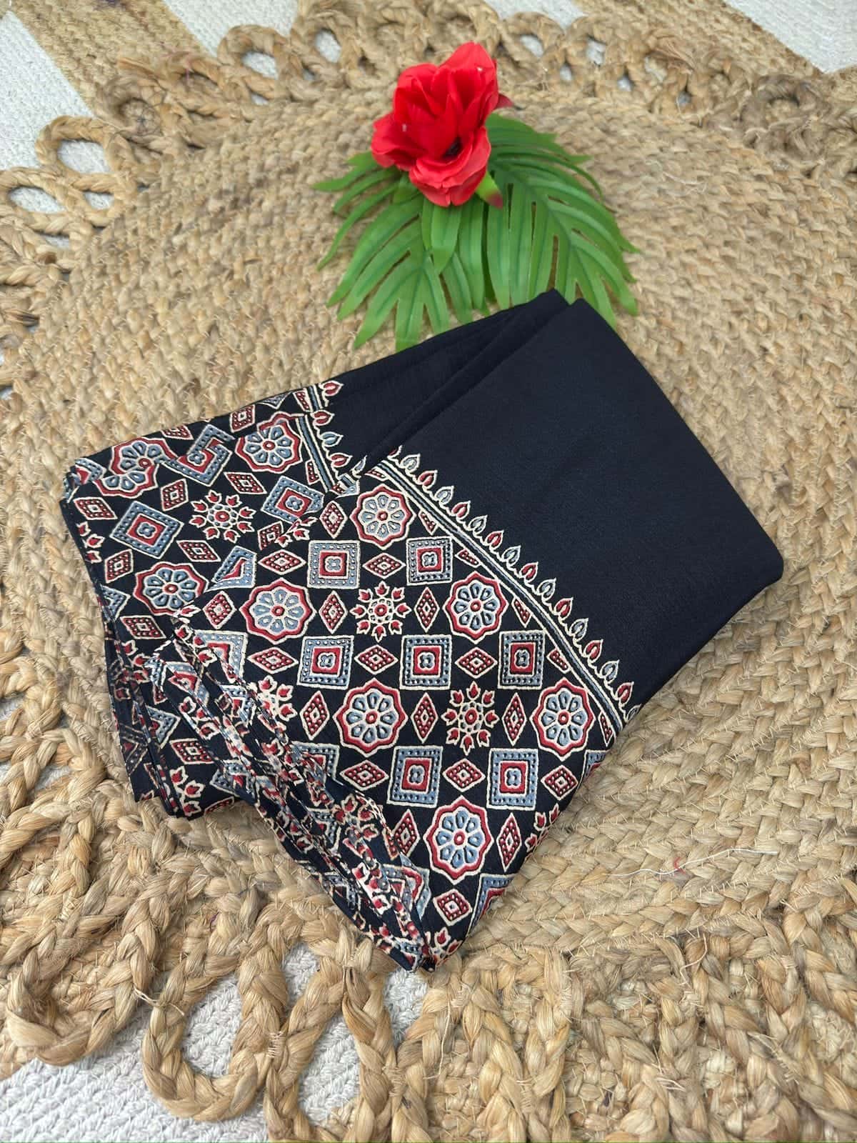Black Ajrak semi modal silk saree