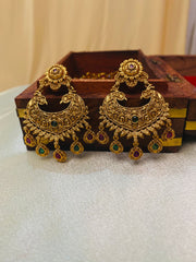Antique Peacock Chandbali Earrings with Multicolor Stone Drops
