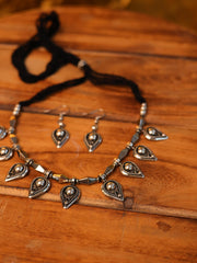 Oxidized Silver Drop Motif Necklace Set with Matching Earrings