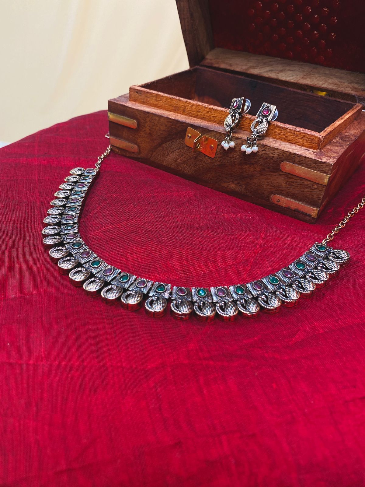 Oxidized Silver Peacock Necklace Set with Earrings