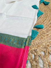 HIMA🩷✨WHITE WITH PINK & GREEN SOFT MUL COTTON SAREE (SU 894)