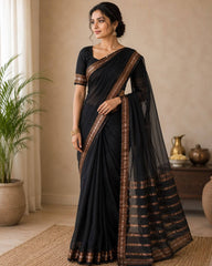 YAMUNA🖤✨BLACK MUL COTTON SAREE WITH COPPER WOVEN BORDER & TASSELS  (SU 813)