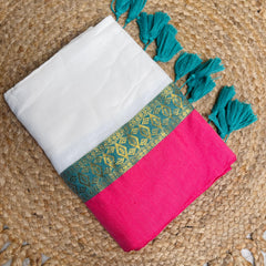 HIMA🩷✨WHITE WITH PINK & GREEN SOFT MUL COTTON SAREE (SU 894)