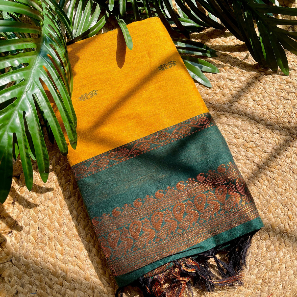 MANGO YELLOW WITH BOTTLE GREEN KALYANI COTTON SAREE (SU 734)