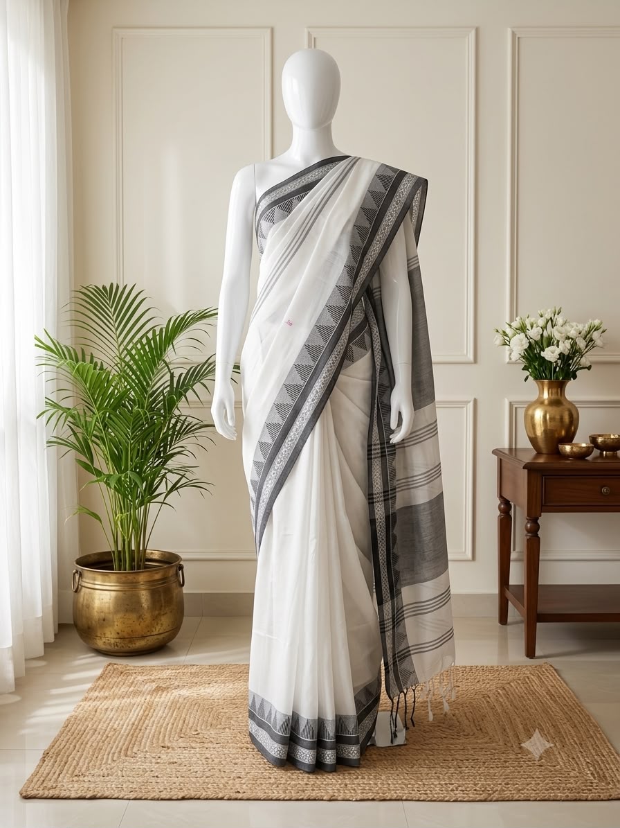 BLACK & WHITE WITH SILVER TEMPLE BORDER COTTON SAREE✨SU 811