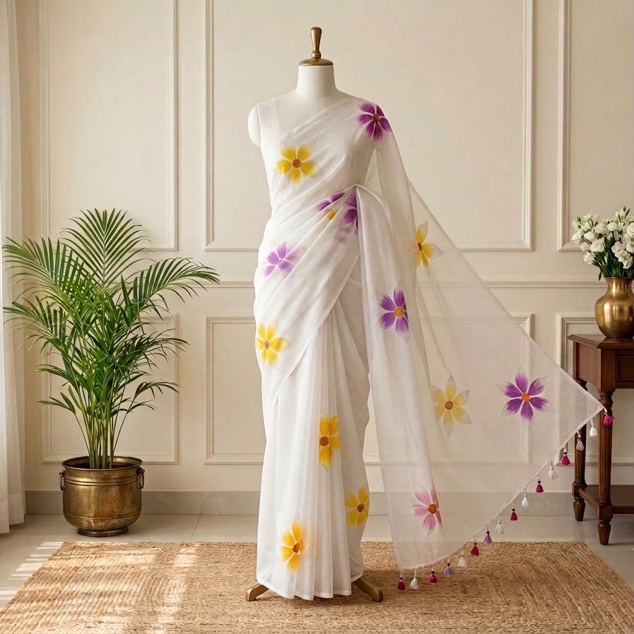 ANANYA🌸HAND PAINTED FLORAL MUL COTTON SAREE ✨(SU 809)